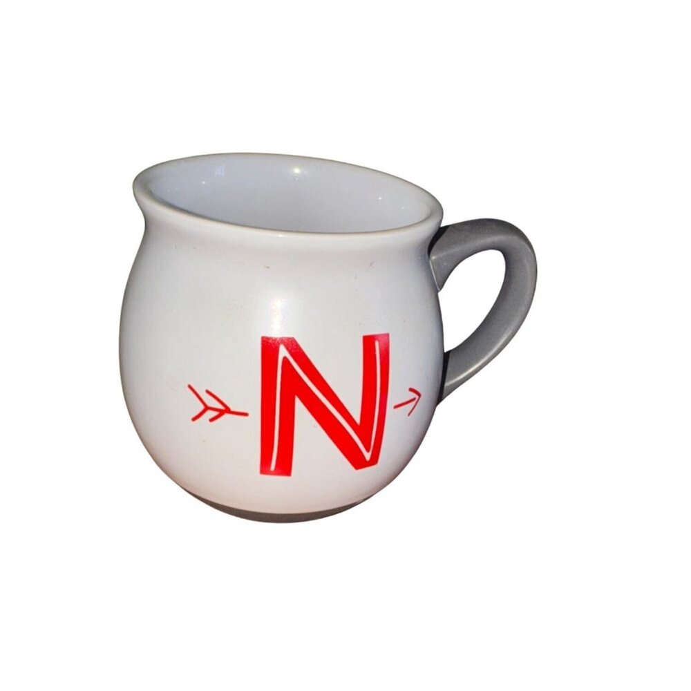 Threshold White & Gray Mug With Red N Lettering 4 Inches Wide Stoneware Dishwash